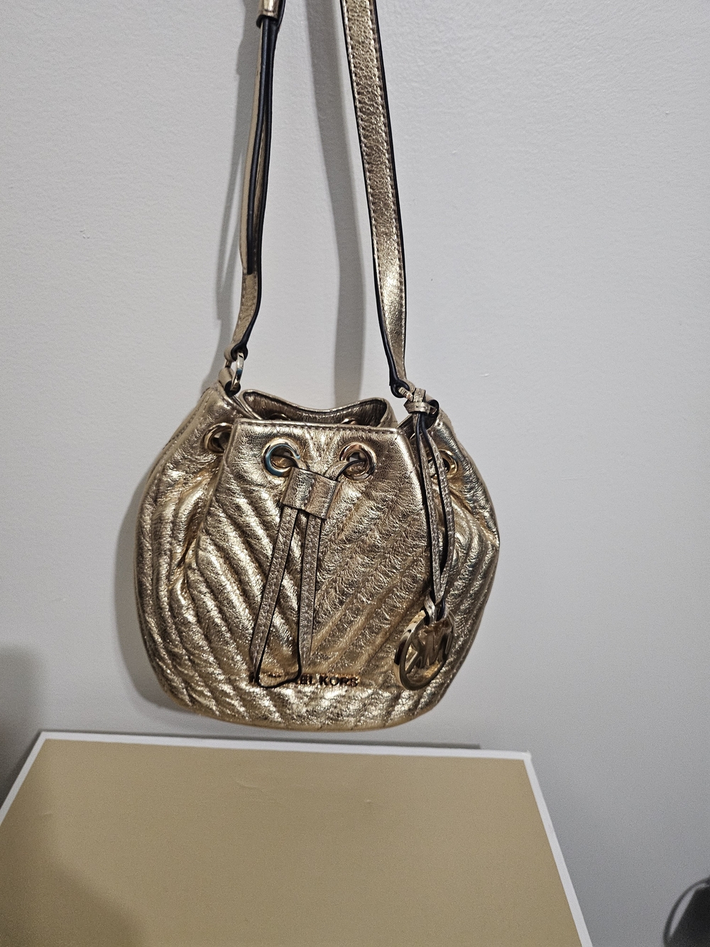 Michael Kors Metallic Gold Quilted Drawstring Shoulder Bag